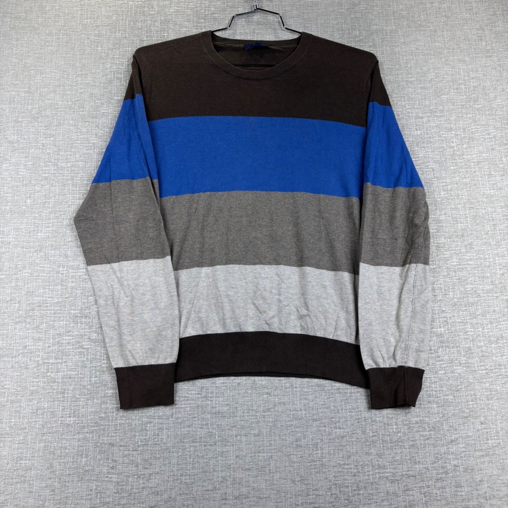 Gap Mens Crewneck Sweater Medium Brown Blue Gray Striped Pullover Knit CK-163